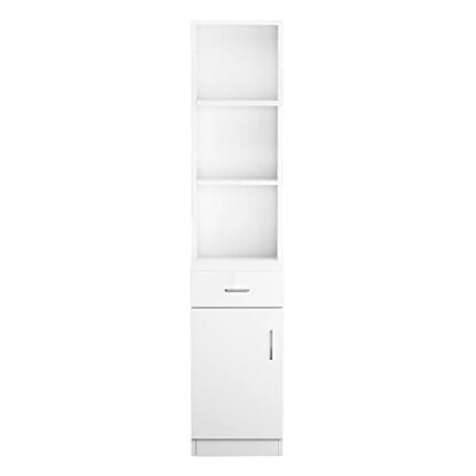 TJLSS Floor Tall Bathroom Locker With Shelves And Drawers Standing 5 Compartments 1 Drawer 1 Door MDF Cabinet