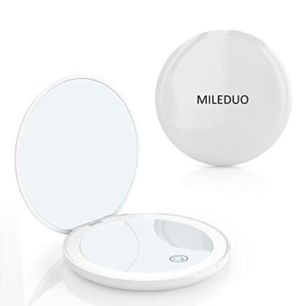 MILEDUO Travel Mirror with Light 1x/10x Compact Magnifying Mirror,Handheld 2-Sided Pocket Mirror Led Small Makeup Mirror for Purses,Mirror for Ha