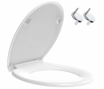 Mass Dynamic White Soft Close Toilet Seat with Quick Release for Easy Clean Loo Seat with Adjustable Hinges Standard O Shape Toilet Seat UF(Signa