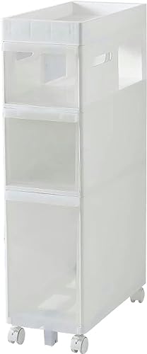 Slim Bathroom Storage Cabinet Free Standing Toilet Paper Holder with Wheels and Drawers, Plastic Toilet Side Storage Shelf, White