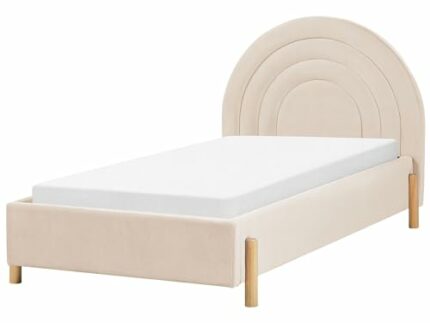Retro Half-Round Headboard Bed EU Single Size 3ft Velvet Upholstery Slatted Base Wooden Legs Beige Anet