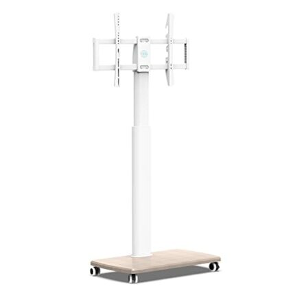 FITUEYES White TV Stand on Wheels 1.5m with 20mm Wood Base for 32-70 Inch TV, Mobile TV Cart Trolley with 60° Swivel & 6 Height Adjustable, Max.