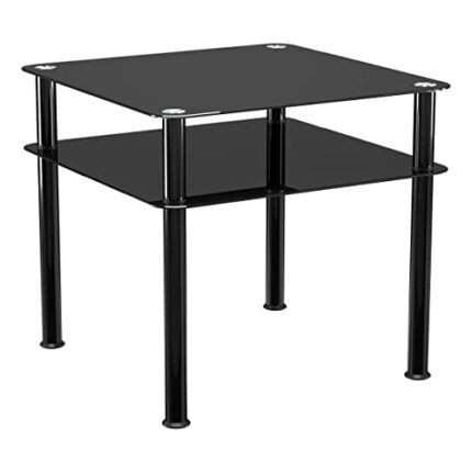 mahara Black Side Table/End Table with Shelf -Tempered Safety Glass Coffee Table - Small Table W60cm x D60cm x H55cm - Small Side Table Living Ro