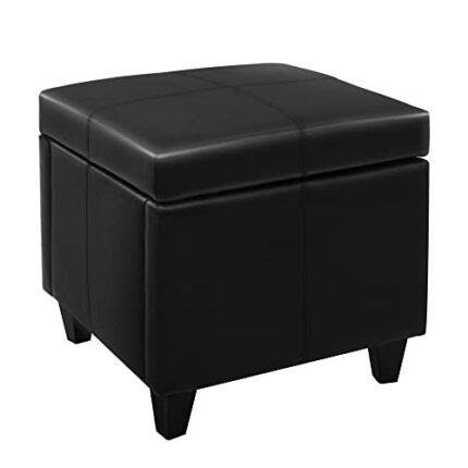 CangLong 18Inch Square Wood Storage Ottoman with Faux-Leather Upholstery, Enchanting Black