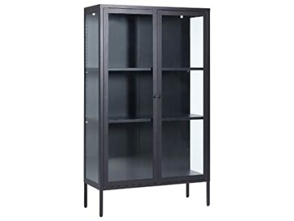Modern Industrial Steel Highboard Cabinet 2 Doors Glass Elements Black Nash