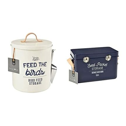 Burgon & Ball Tin Bird Food Storage, 25 cm Height x 18 cm Diameter, Stone Cream & Leather Handled Seed Packets Storage Tin, Atlantic Blue
