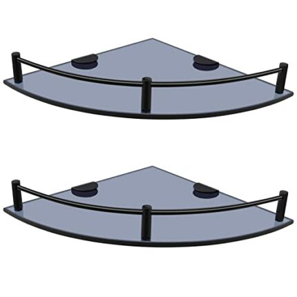 Glass Bathroom Shelves, Set of 2 Glass Corner Shelf Wall Mount, Shower Corner Shelves with Rail, Floating Glass Shelves for Bathroom Kitchen Livi