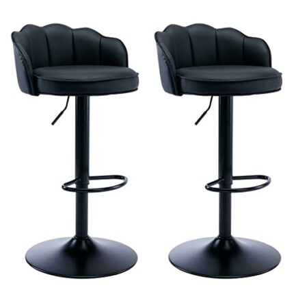 Leather Barstools Set of 2 Counter Height Bar Stools Swivel Adjusatble Height Upholstered Seat, Black Metal Footrest Base, for Dining Room Breakf