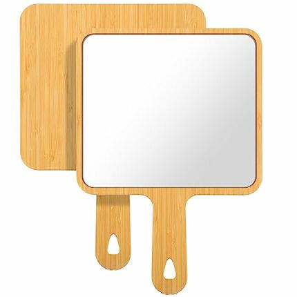 Kigley 2 Pcs Hand Mirror Natural Bamboo Handheld Mirror with Handle Single-Sided Portable Travel Vanity Mirror Cute Mirror with Hole Hanging for