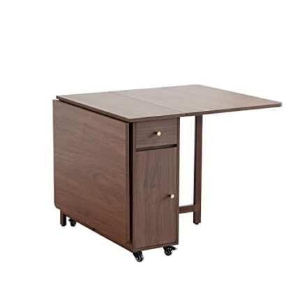 COMUHOME Extendable Drop Leaf Folding Dining Table with 2 Drawers and 4 Wheels for Living Room,Kitchen, Farmhouse, Space Saving Table in Walnut