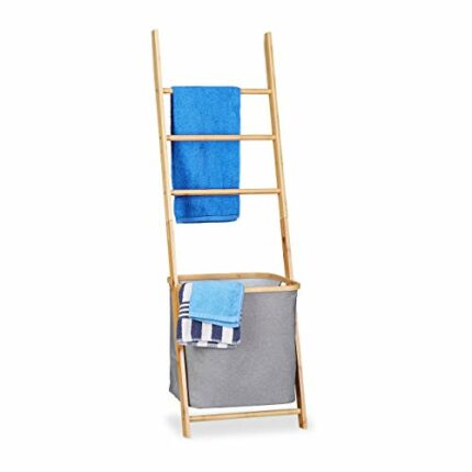 Relaxdays Bamboo Towel Rack with Basket, Freestanding Wooden Laundry Hamper, HWD: 139x43.5x33cm, Natural