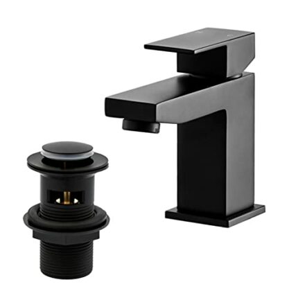Matte Black Square Basin Taps with Drain, BATHWEST Basin Mixer Taps with Pop Up Waste, Monobloc Brass Basin Taps with Sink Plug 492NBK
