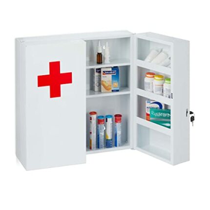 Relaxdays XXL, Lockable, 11 Compartments, Steel, H x D: 53.5 x 53 x 19 cm, Medicine Cabinet 2 Doors, White/Red, Alloy, 53,5x53x19 cm
