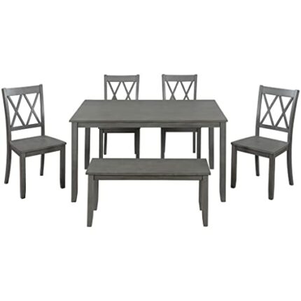 WALNUT 6 Piece Wooden Kitchen Dining Table Set Farmhouse Rustic Dining Table Set With Cross Back 4 Chairs And 1 Bench