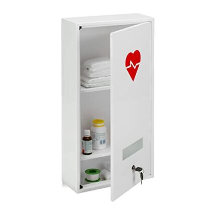 Relaxdays Medicine Cabinet, Lockable, 3 Compartments, Steel, HxWxD: 60 x 30 x 12 cm, Double Door, First Aid, White, 100%