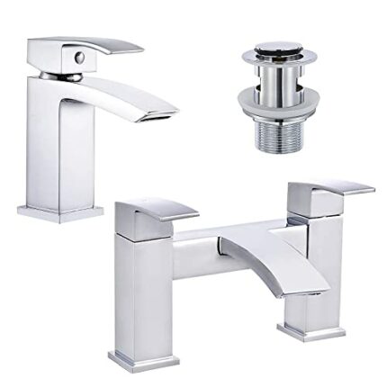 Celala Bathroom Waterfall Basin Taps with Pop-up Waste and Square Bath Taps Set Chrome Brass Sink Mixers