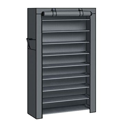 SONGMICS 10-Tier Shoes Rack with Dustproof Cover, 28 x 88 x 160 cm, Shoe Storage Cabinet, Shoe Organiser, Shoe Stand Holds 40-50 Pairs of Shoes,