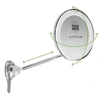 MACOM Sensation 229 Perfect Mirror Cosmetic Mirror with Telescopic Pole and Double Joint, 10x Magnified, Space-Saving