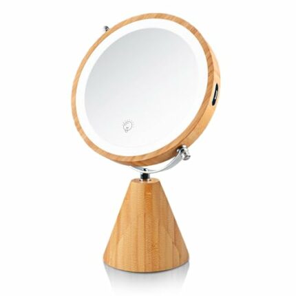 SLIMOON 8" Vanity Mirror with Lights and Bamboo Stand, 1X/10X Double Sided Magnifying Mirror with Light, 360° Rotation, 3 Colors Brightness Adjus