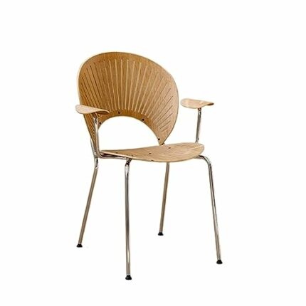 LUKEO Dining Chair Balcony Garden Restaurant Furniture Stainless Steel Legs Wooden Armrest High Back Chair