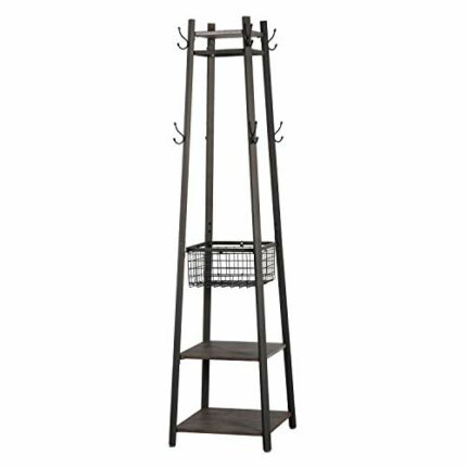VECELO Coat Rack Freestanding, Hall Tree with Metal Basket and Storage Shelves, Industrial Coat Rack Stand with 8 Hooks for Hanging Coats/Hats/Ba