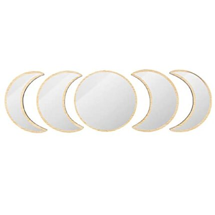 Tiardey 5Pcs Moon Phase Mirror Set, Crescent Moon Mirror Wall Decor Bedroom, Bohemian Natural Scandinavian Home Decor Decorative Mirror Moon Phas