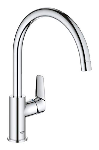 GROHE BauEdge – Single Lever Kitchen Mixer Tap (Monobloc Installation, High Spout, Swivel Area 360˚, 28 mm Ceramic Cartridge, Tails 3/8 inch), Ea