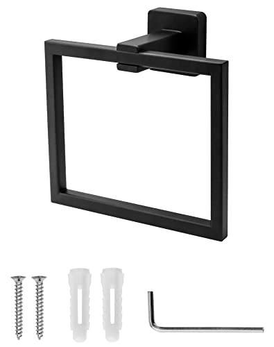 QWORK® Black Towel Ring Towel Holder, Wall Mounted Bathroom Shower Hand Towel Holder Hanger, Modern Square Style