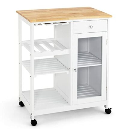 DSHGDJF Rolling Kitchen Island Wood Top Trolley Storage Cabinet With Shelves And Wine Rack Kitchen Cart