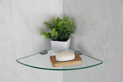 BSM Marketing 200mm (7.8") 6mm Thick Toughened Glass Corner Shelf Bathroom Bedroom Kitchen with Large Chrome Supports (Clear)