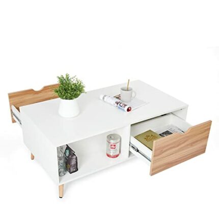 Meerveil Coffee Table, Living Room Table with 2 Drawers Wood Legs Wooden Modern Style, 106 x 58 x 43cm, White