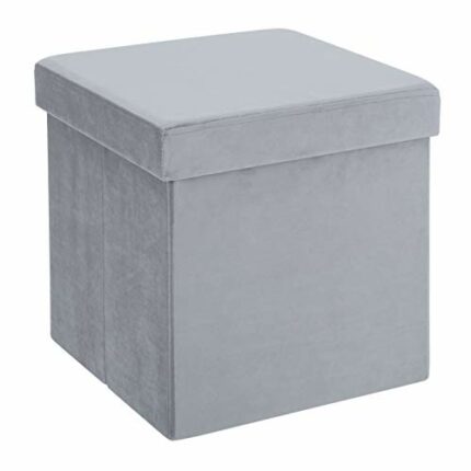 Hodge and Hodge Light Grey Folding Storage Ottoman 38cm Cube With Plush Velvet Fabric Cover Padded Lid Ideal Extra Seat Foot Stool Toy Box Magazi