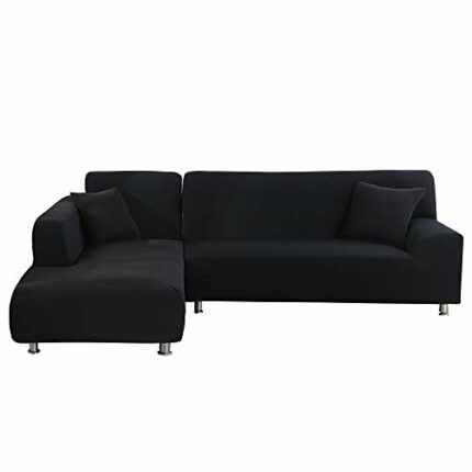 NIBESSER Chaise Longue Stretch Sofa Cover 2-Piece L Shape Washable Corner Sofa Covers for Living Room with Modern Patterns (Black, 3 Seater + 3 S