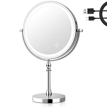 UUCOLOR Makeup Mirror with Lights USB Rechargeable 8 Inch 3 Color Lights Two Sided 1X/10X Magnification LED Vanity Mirror Touch Control 360°Rotat