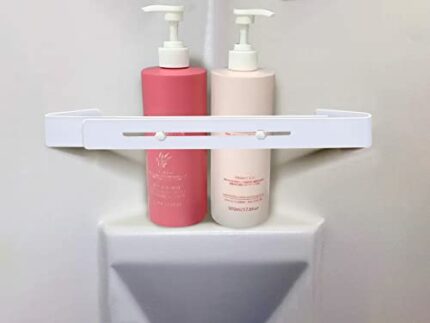 LUAATT RV Camper Travel Bathroom Corner Storage Bar,Adjustable Length Shower Corner Shelves Stick,RV Accessories(White)