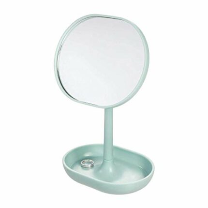 iDesign 28834 Makeup Mirror, Small and Round Dressing Table Mirror Made of Plastic, Adjustable Bathroom Mirror with Tray for Makeup and Jewellery