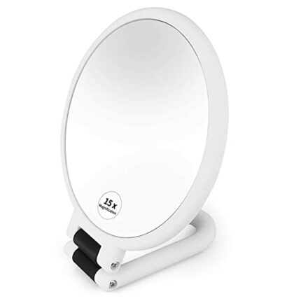 Makeup Mirror Double Sided, Linkstyle 1x 15x Magnifying Hand Held Mirror with 360° Folding Handle, Hanging Beauty Vanity Mirror, Portable Small T
