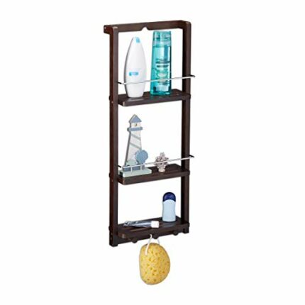 Relaxdays Bathroom Hanging Shelf, 3-Tier Bamboo Shower Caddy, Hook Bar, HWD 70 x 28.5 x 10, Dark Brown, Grundartikel
