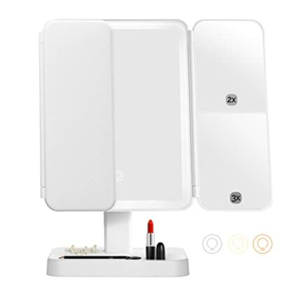 FVITA Makeup Mirror with Lights 3 Color,52 LED HD Tri-Fold Makeup Mirror with Storage 2X 3X Magnification Makeup Mirror Touch Control Vanity Mirr
