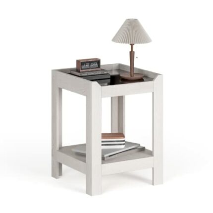 Meerveil Side Table, End Table with Tempered Glass Modern Style for Living Room Bedroom Office, W45 x H60 x D45 cm, Cream White