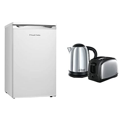 Russell Hobbs RHUCLF2W Freestanding Undercounter Larder Fridge, 111 liters, White, Noise level: decibels 41 & Lincoln Kettle and 2-Slice Toaster