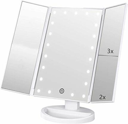 Makeup Vanity Mirror with Lights,1x 2x 3x Magnification, 21Leds Light and Touch Screen,180 Degree Rotation,Dual Power Supply, Portable Trifold Tr