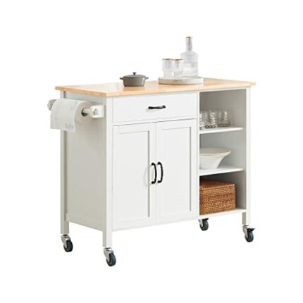 DINGZZ Design Kitchen Trolley with Worktop Kitchen Island Kitchen Cabinet Trolley Sideboard on Wheels White Natural