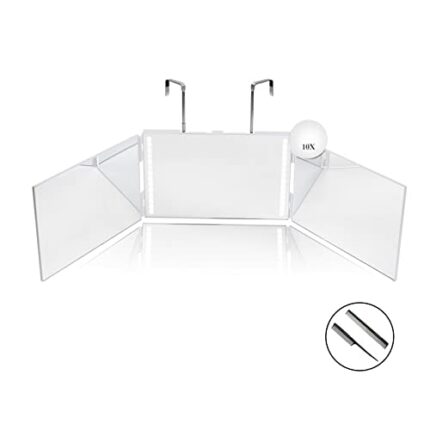 3 Way Hair-Cutting Mirror 360 Trifold Barber Vanity Mirrors, Height Adjustable with Two Hold Nails+Retractable Hooks, 10X Magnifying Glass for Ma