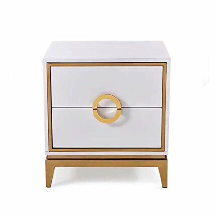 SDFGH Bedside Table with Double Drawer Design, Stainless Steel Metal Plating Frame Simple Bedside Table, White