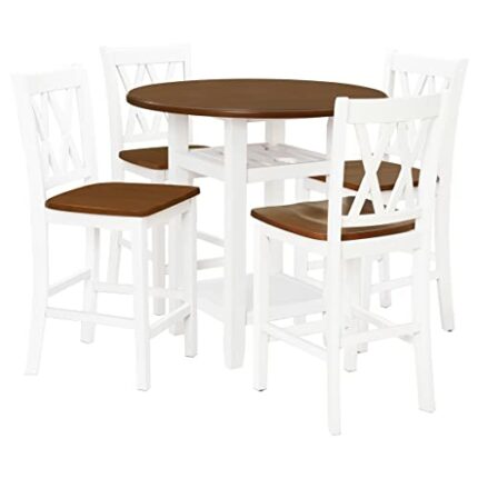 WALNUT Farmhouse 5 Piece Round Counter Height Kitchen Dining Table Set W/Storage Shelf Glass Shelf 4 Back Dining Chairs