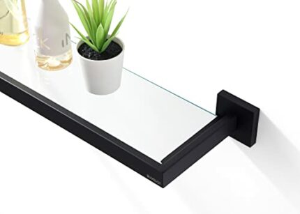 BUVELOT Bathroom Glass Shelf,Rectangular Glass Shower Shelf Black Wall Mounted,Tempered Safety Ultra Clear Glass Shelf 8mm Thickness, Matte Black