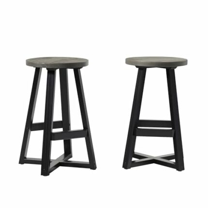 Walker Edison Rustic Metal and Distressed Wood Round Dining Stool, Pine, Grey, 24 Inch