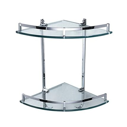 FVRTFT Bathroom Glass Corner Shelf, Wall Mounted Triangle 2 Tiers Tempered Glass Shelf, Corner Shower Shelf Copper Bracket with Hooks, Silver