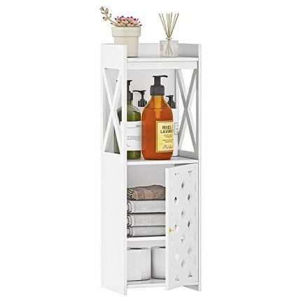 BYFU Bathroom Storage Cabinet, White Bathroom Floor Cabinet Freestanding Organizer with Door and Open Shelf for Bedroom Kitchen Living Room Narro